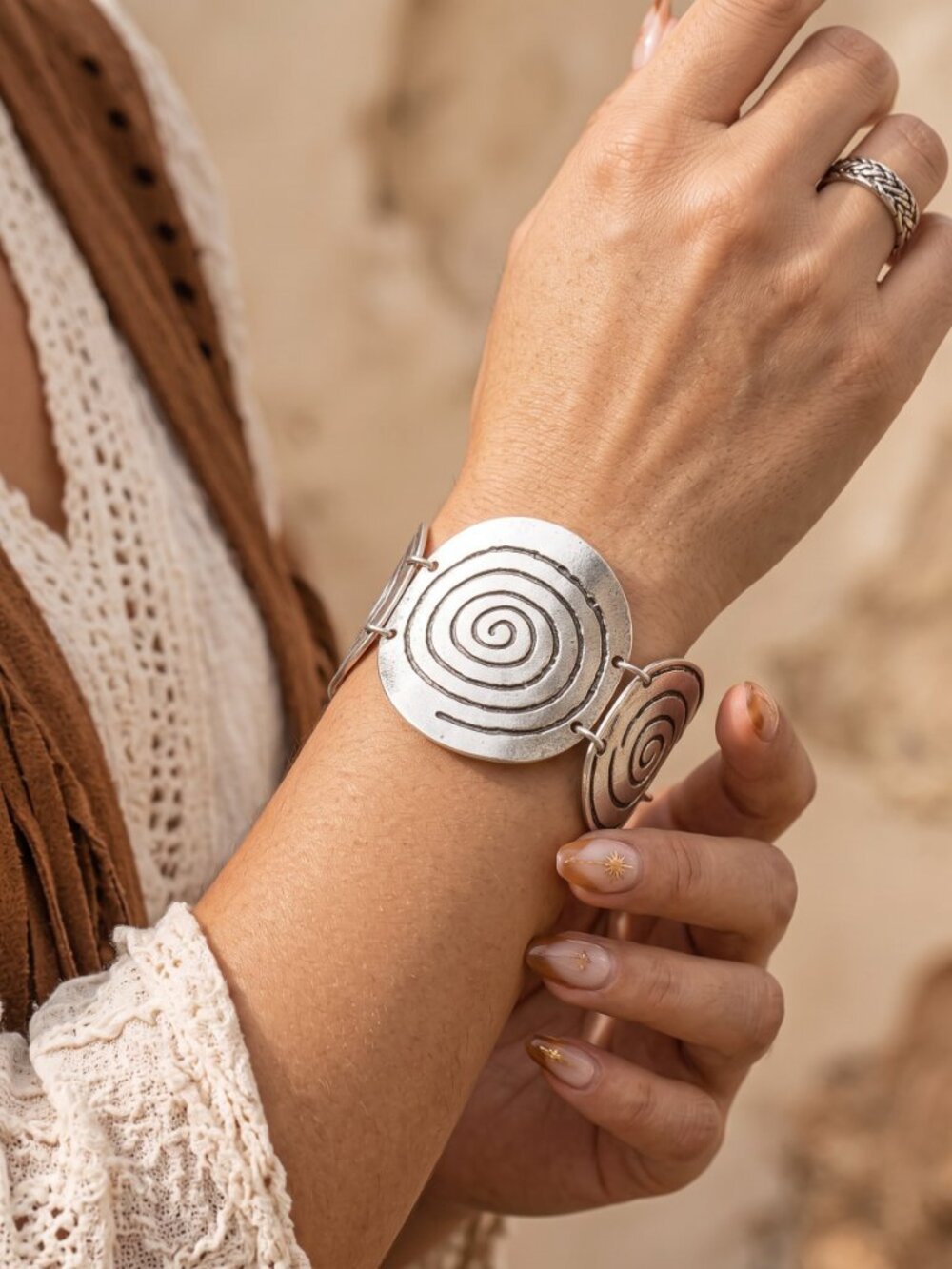 Turkish Antique Silver Plated Spiral Medallion Bohemian Cuff Bracelet Adj 8"